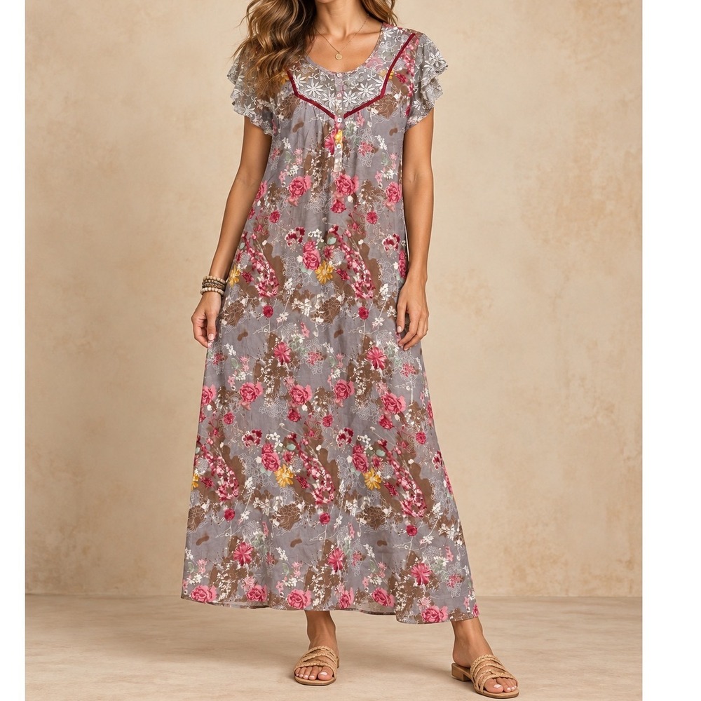 Juliet India Floral Lace Maxi Dress Flutter Sleeve Boho Cottagecore Grey Pink f5